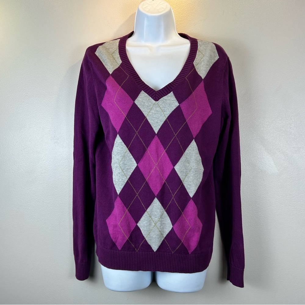 Izod Argyle V-neck Sweater Womens Medium Burgundy Cotton‎ Preppy Academia